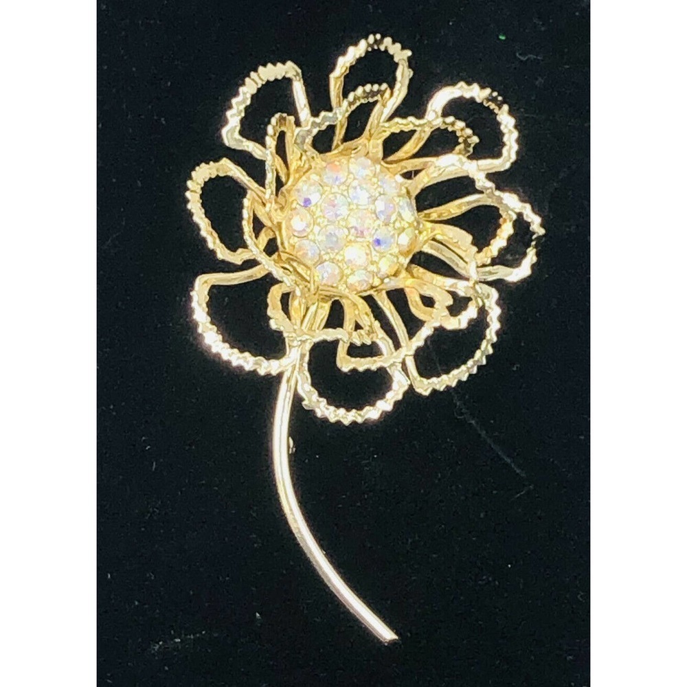 Sarah Coventry Flower Brooch Pin Aurora Borealis Rhinestones Gold Tone